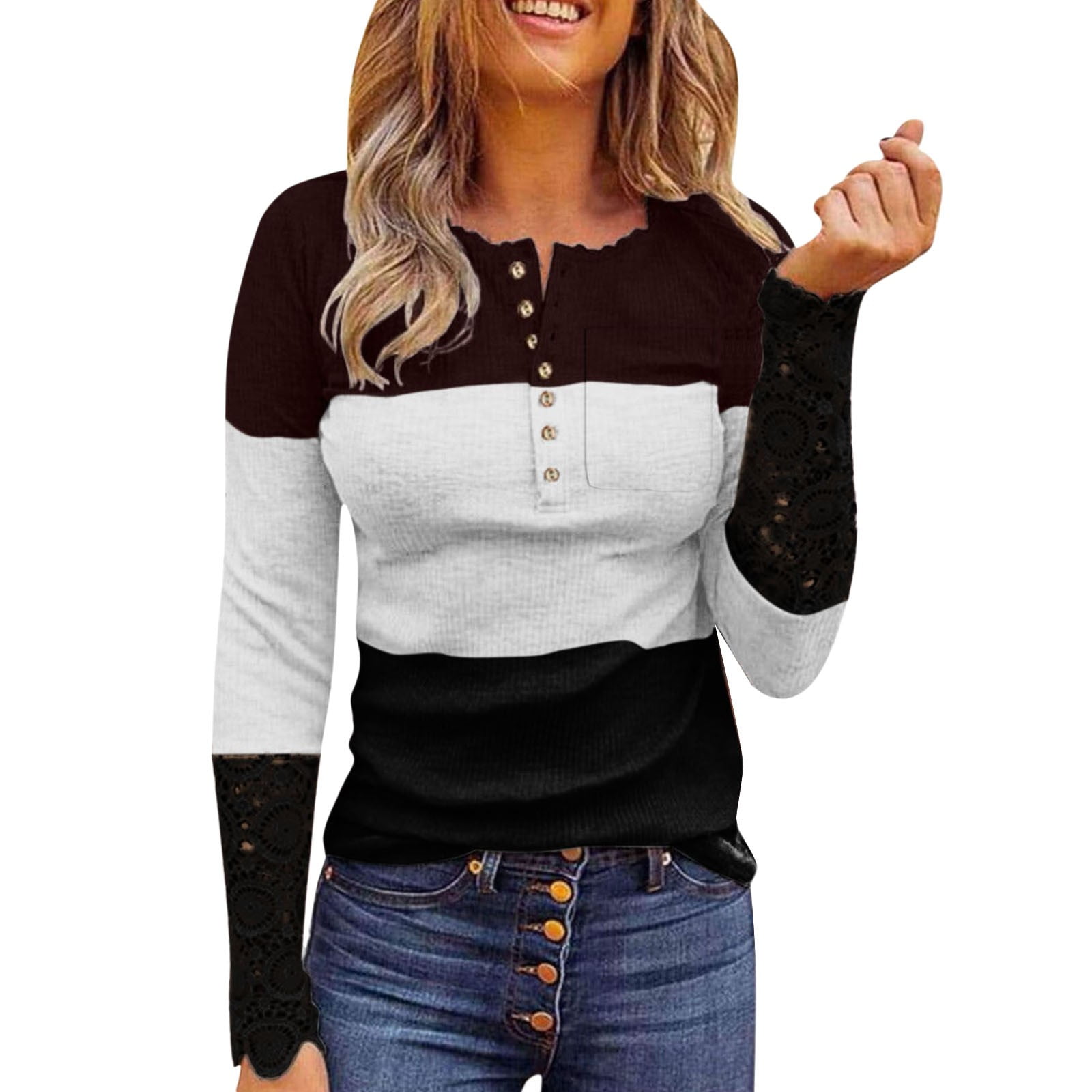 vbnergoie Womens Long Sleeve Tops Lace V Neck Button Down Henley Shirts  Blouses With Pocket White Long Sleeve Shirt Women Sport Black Tees for Women  