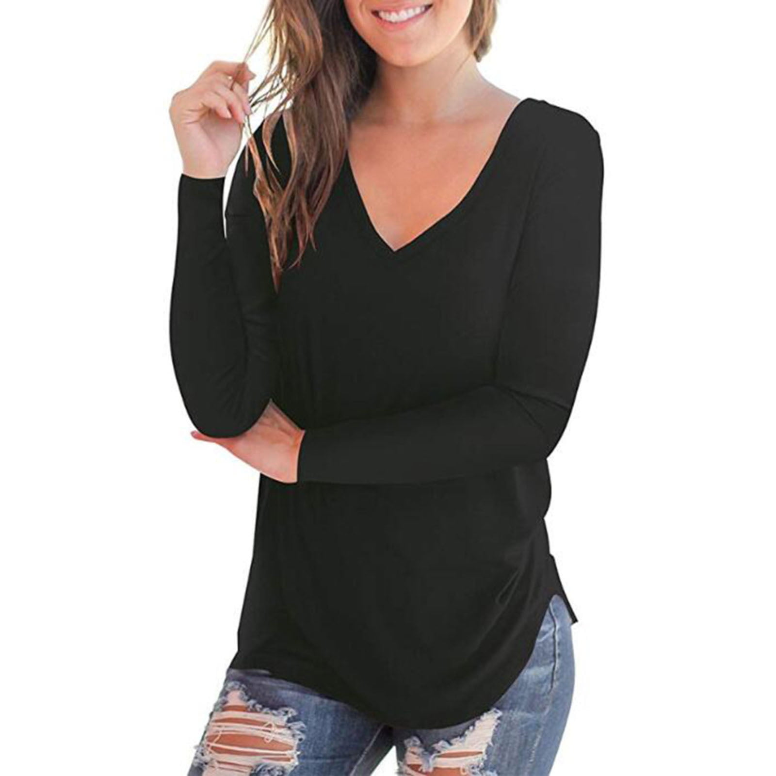 vbnergoie Womens Long Sleeve V Neck Solid Color Tops Loose Casual