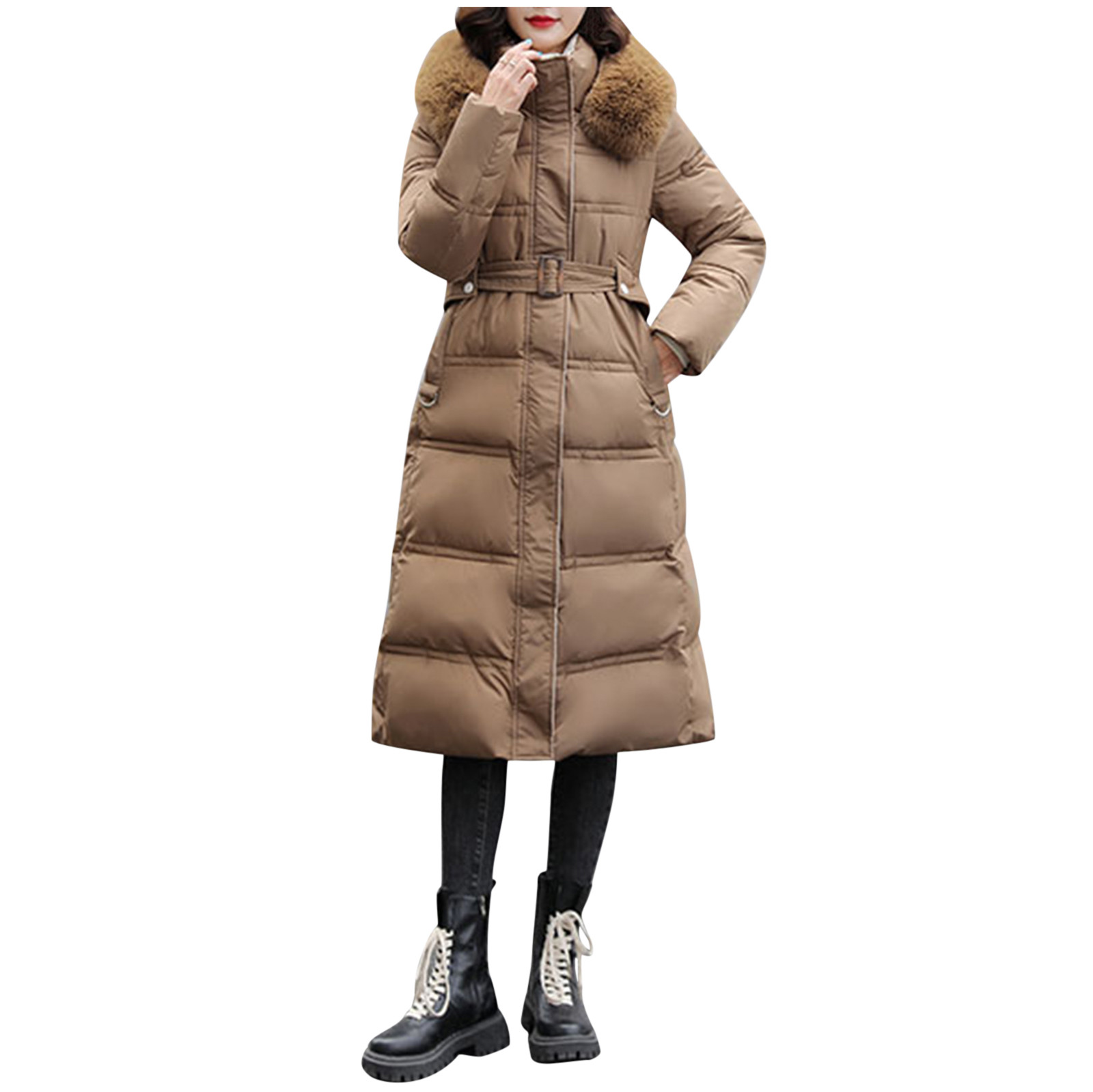 vbnergoie Womens Warm Winter Coat Thicken Cotton Jacket Quilted With Artificial Fur-grass Trimmed Hooded Max Co Coat Womens Green - image 1 of 8