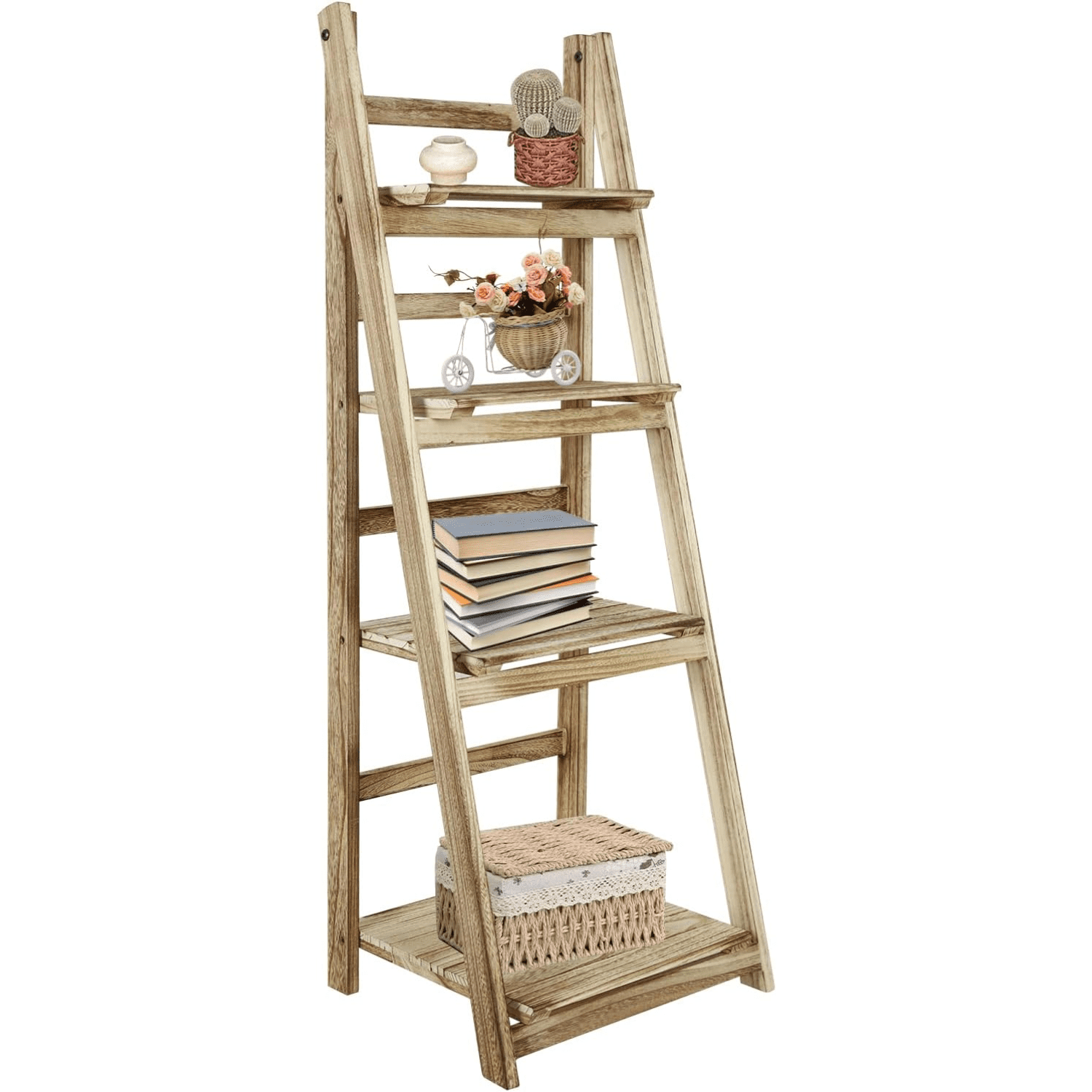 Folding 4 Tier Ladder Shelf Storage Shelving Unit Wooden Bookcase Plant Display