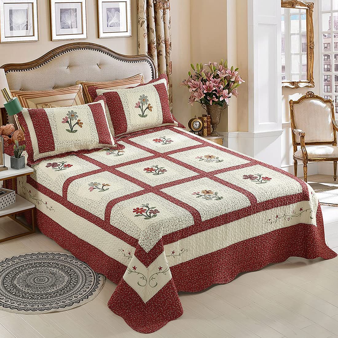 vctops 3 Piece Embroidered Floral Quilted Bedspread Quilt Set 100