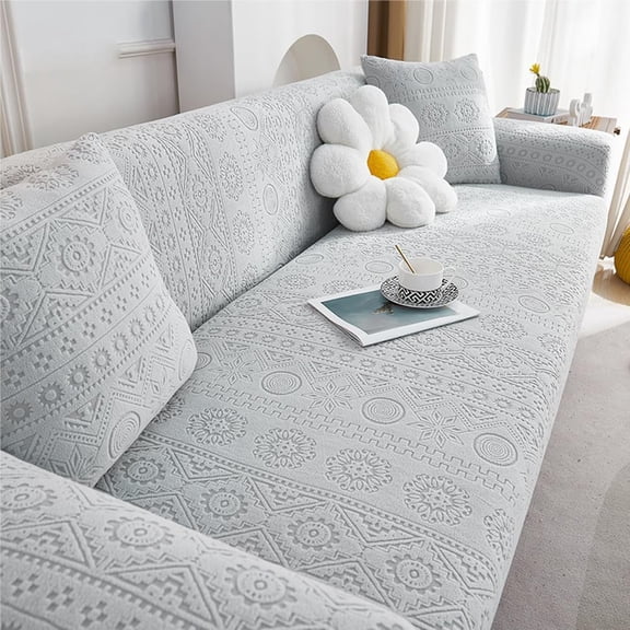 vctops 4 Seater Boho Sherpa Fleece Jacquard Stretch Sofa Slipcover 1-Piece Soft Plush Sofa Cover with Elastic Bottom Geometric Pattern Furniture Protector(Light Grey,4 Seater Sofa)