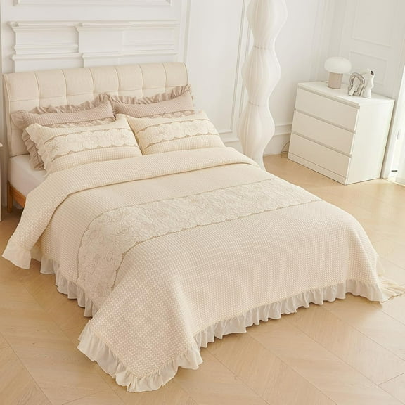 vctops Beige Ruffled Cotton Quilt Bedspread Set Queen Size, Shabby Chic Farmhouse Floral Embroidered Bedding Set, 3 Pieces Reversible Bedspread with Pillow Shams for All Season (Beige,Queen)