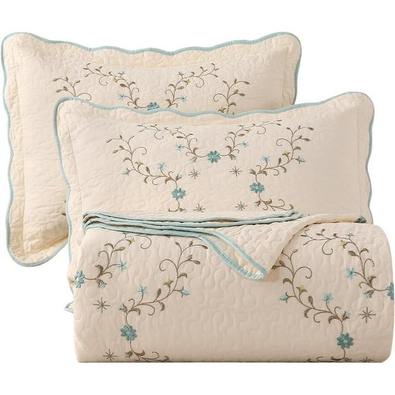 vctops Elegant Floral Embroidered Quilt Set, 100% Cotton Reversible Quilted Bedding Set with Scalloped Edge, Soft and Lightweight Bedspread Coverlet with 2 Pillow Sham (Green,Full/Queen)