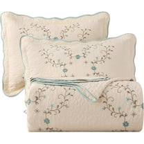 vctops Elegant Floral Embroidered Quilt Set, 100% Cotton Reversible Quilted Bedding Set with Scalloped Edge, Soft and Lightweight Bedspread Coverlet with 2 Pillow Sham (Green,Full/Queen)