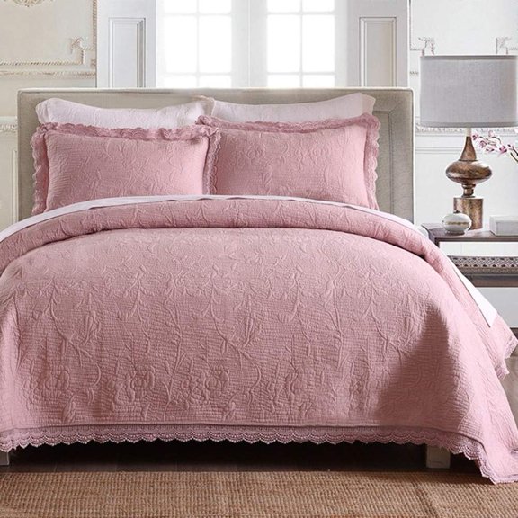 vctops Elegant Lace Bedding Quilt Set 3 Pieces Pure Cotton Printed 1 Bedspread and 2 Pillow Shams Solid Color Coverlet Set (Queen, Pink)