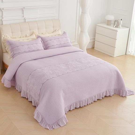 vctops Violet Ruffled Cotton Quilt Bedspread Set Queen Size, Shabby Chic Farmhouse Floral Embroidered Bedding Set, 3 Pieces Reversible Bedspread with Pillow Shams for All Season (Violet,Queen)