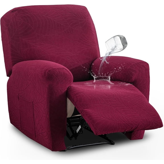 vctops Water Repellent 4 Pieces Recliner Chair Cover with Side Pocket Leaf Jacquard Stretch Soft Recliner Slipcover Furniture Protector with Elastic Bottom(Wine Red,1 Seat)