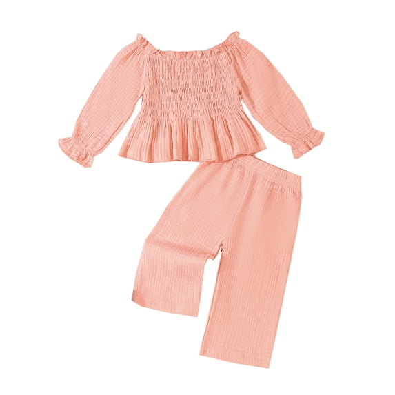 vdgthytj 2 Piece Sets for Girls Smocked Ruffle Long Sleeve Crewneck Tops Lastic Waist Straight Pants Kids Casual Outfits