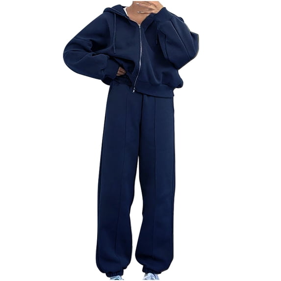 vdgthytj 2 Piece Sets for Women Long Sleeve Drawstring Full Zip Crop Hoodies Oversized Sweatshirts Drawstring Jogger Sweatpants Fall Sweatsuits