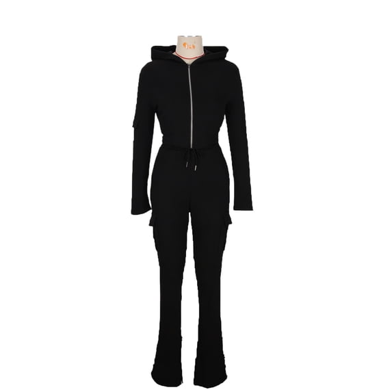 vdgthytj 2 Piece Sets for Women Long Sleeve Full Zip Crop Hoodie Drawstring Flared Pants with Cargo Pockets Sportswear Sets