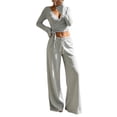 thumbnail image 1 of vdgthytj 2 Piece Sets for Women Long Sleeve V-Neck Wrap Waist Crop Tops Drawstring Wide Leg Pants Fall Casual Going out Outfits, 1 of 5