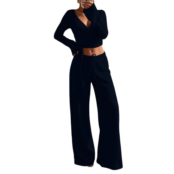 vdgthytj 2 Piece Sets for Women Long Sleeve V-Neck Wrap Waist Crop Tops Drawstring Wide Leg Pants Fall Casual Going out Outfits