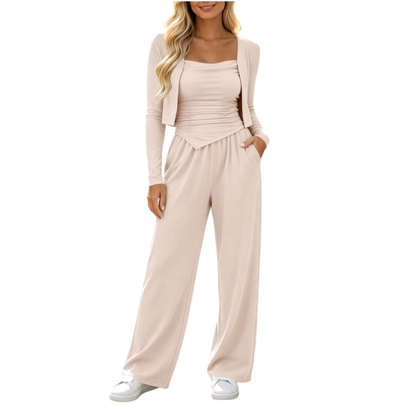 vdgthytj 3 Piece Sets for Women Long Sleeve Cropped Cardigan Irregular Tank Top Wide Leg Pants Fall Casual Loungewear Outfits(Large,Beige)