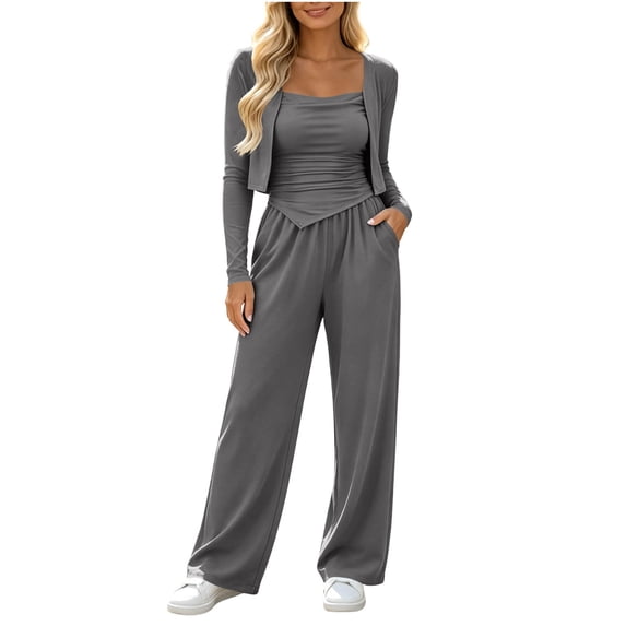 vdgthytj 3 Piece Sets for Women Long Sleeve Cropped Cardigan Irregular Tank Top Wide Leg Pants Fall Casual Loungewear Outfits(Medium,Dark Gray)