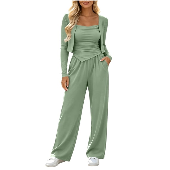 vdgthytj 3 Piece Sets for Women Long Sleeve Cropped Cardigan Irregular Tank Top Wide Leg Pants Fall Casual Loungewear Outfits(X-Large,Mint Green)