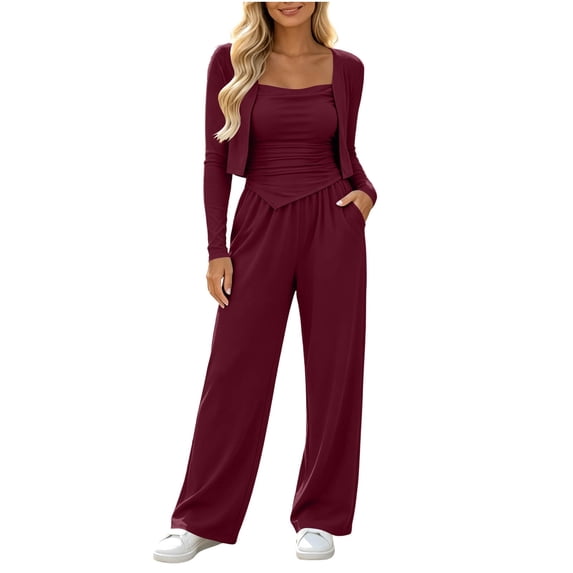 vdgthytj 3 Piece Sets for Women Long Sleeve Cropped Cardigan Irregular Tank Top Wide Leg Pants Fall Casual Loungewear Outfits(X-Large,Wine)