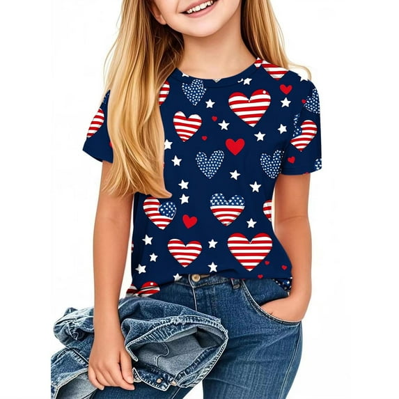 vdgthytj 4th of July Shirts for Kids Boy Girl Summer Crewneck Short Sleeve Graphic Tee Tops Independence Day Outfit