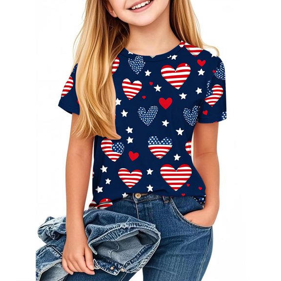 vdgthytj 4th of July Shirts for Kids Boy Girl Summer Crewneck Short Sleeve Graphic Tee Tops Independence Day Outfit