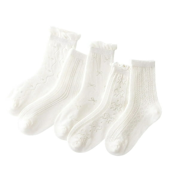 vdgthytj 5 Pairs Toddler Girls Crew Sock Kids Frilly Cute Flower Printed Thin Mesh Summer Cotton Dress Socks 3-14 Years