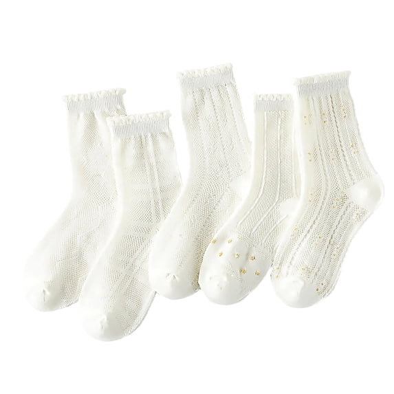 vdgthytj 5pc Girls Crew Socks Ruffle Cuff Breathable Hollow out Mesh Thin Mid‑calf Casual Socks for Daily Wear(3-5 Years,White)