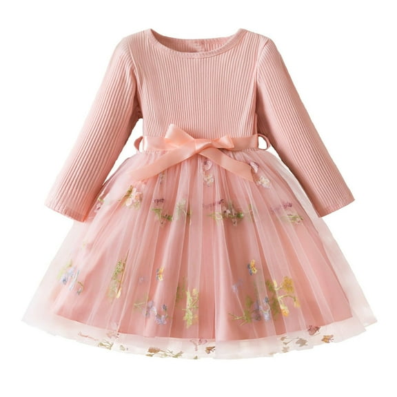 vdgthytj Baby Girls Fall Dress Toddler Cute Flower Embroidery Long Sleeve Mesh A-Line Princess Party Tulle Dress