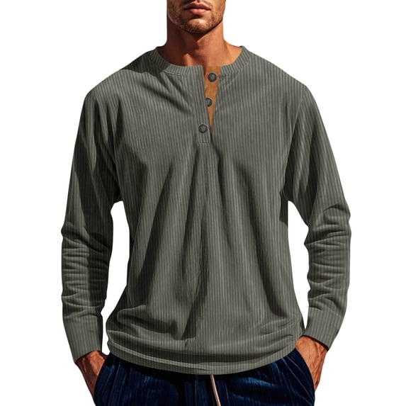 vdgthytj Basic Tops for Men Casual Round Neck Long Sleeves Pullover Blouse Fashion Breathable Button Solid Color Shirt