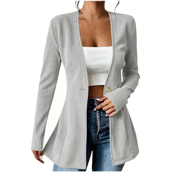vdgthytj Blazer for Women Long Sleeve Open Front Button Cardigan Slim Fitted Ruffle Business Casual Work Corduroy Long Outwear(Large,Gray)