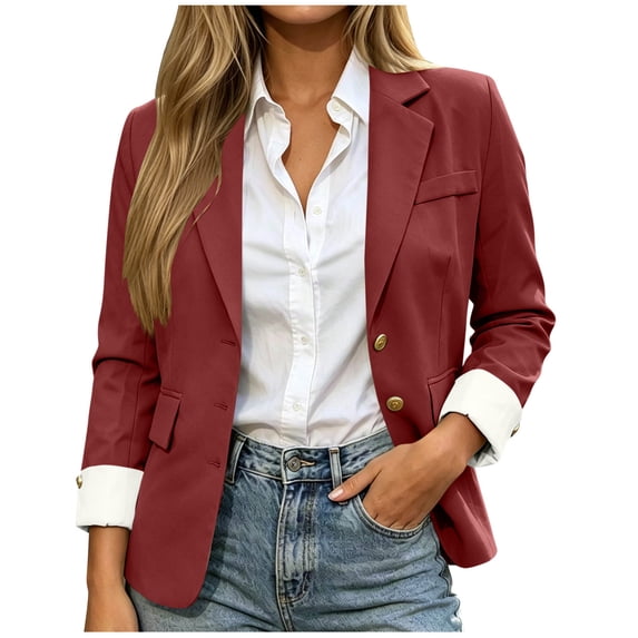 vdgthytj Blazer for Women Long Sleeve Open Front Button Lightweight Lapel Collar Fall Business Casual Work Jackets(Medium,Wine)
