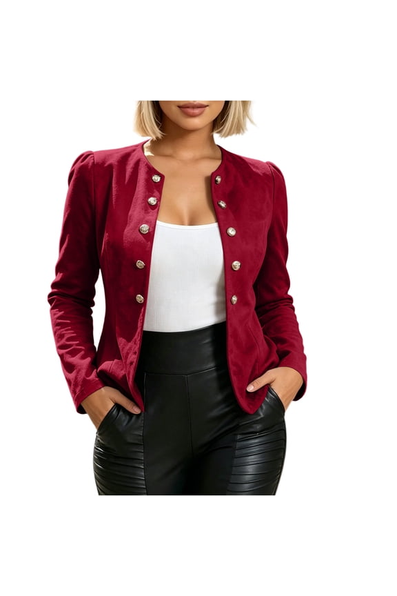 Blazer for Women Long Sleeve Open Front Crewneck Double‑breasted Jacket Slim Fitted Fashion Business Casual Work Outwear(Small,Red)