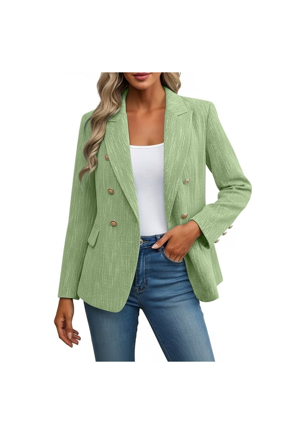 Blazer for Women Long Sleeve Open Front Lapel Collar Double Breasted Fall Business Casual Work Tweed Jacket(X-Large,Green)