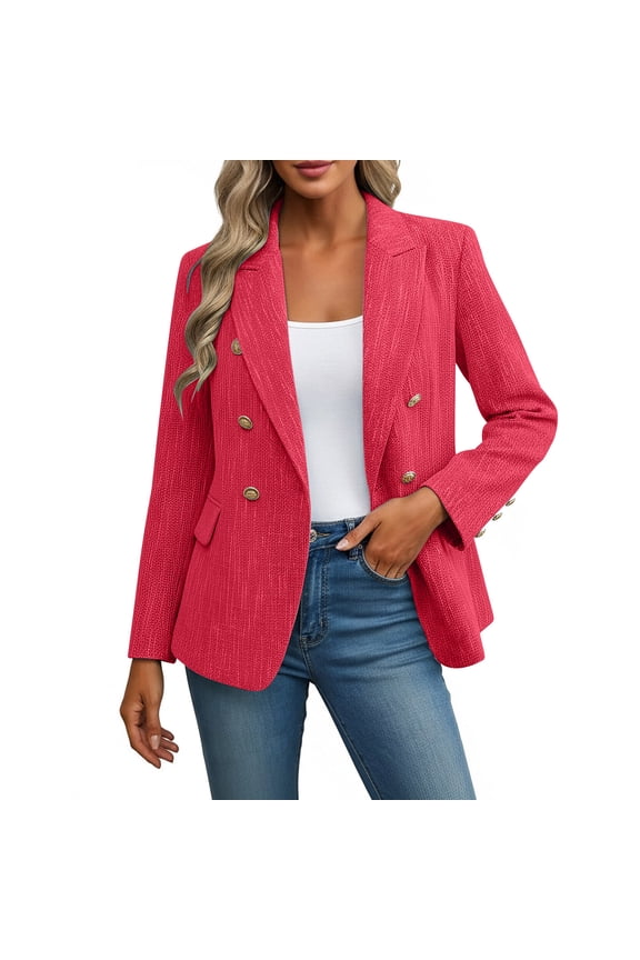 Blazer for Women Long Sleeve Open Front Lapel Collar Double Breasted Fall Business Casual Work Tweed Jacket(X-Large,Red)
