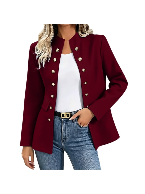 Blazer for Women Open Front Double Breasted Long Sleeve Fall Winter Fashion Business Casual Outerwear(Medium,Wine)