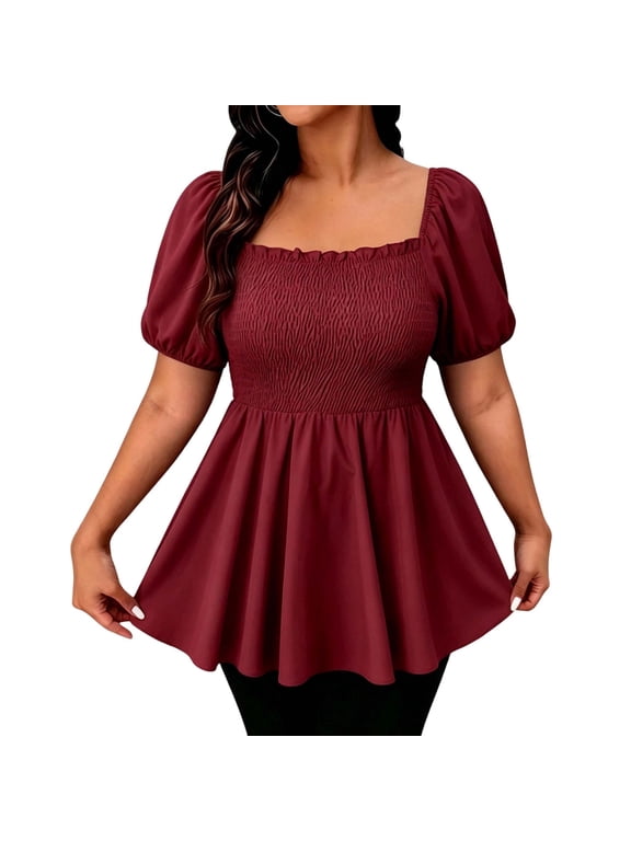 Blouses for Women Dressy Casual Plus Size Short Sleeve Square Neck Tops Ruffle Smocked Summer Tunic Tops