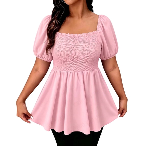 vdgthytj Blouses for Women Dressy Casual Plus Size Short Sleeve Square Neck Tops Ruffle Smocked Summer Tunic Tops