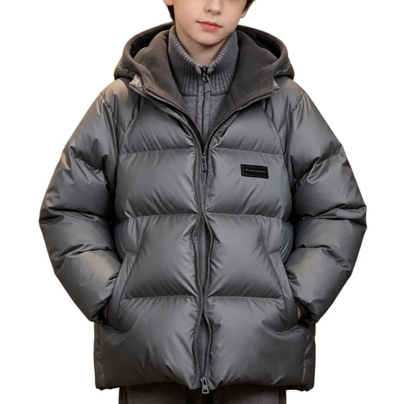 vdgthytj Boys 2 in 1 Hooded Puffer Jackets Double Zipper Front Closure Knitted Lined Hood Collar Warm Winter Outerwear with Pockets(14-15 Years,Gray)