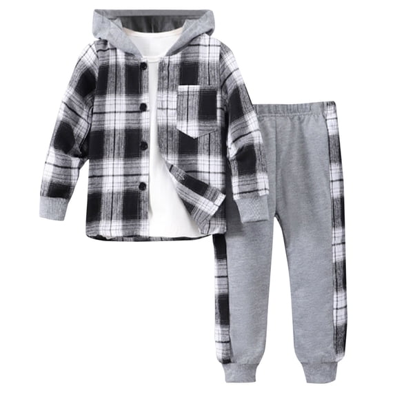 vdgthytj Boys Girls 2 Piece Casual Outfits Plaid Button down Hooded Shacket Patchwork Jogger Pants Kids Fall Winter Fashion Sport Tracksuit Sets(6-7 Years,Black)