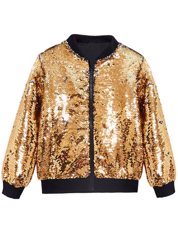 Boys Girls Jackets Full Zip Long Sleeve Sequin Sparkly Baseball Jackets Fall Fashion Outerwear for Holiday Party Dance Wear(10-11Years,Gold)