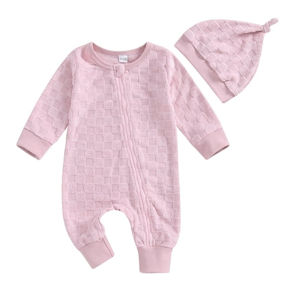 vdgthytj Boys Girls Rompers Kids Solid Zipper Long Sleeve Bodysuit Jumpsuit Outfits Hats Set