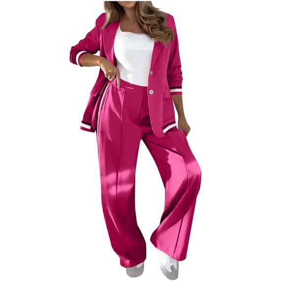 vdgthytj Business Casual Outfits for Women Long Sleeve Oversized Color Block Blazer Jacket Wide Leg Pants Fall 2 Piece Suits Outfits