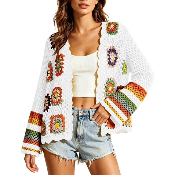 vdgthytj Cardigan Sweaters for Women Open Front Long Sleeve Crochet Hollow out Boho Sweater Outerwear(X-Large,White)
