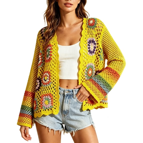 vdgthytj Cardigan Sweaters for Women Open Front Long Sleeve Crochet Hollow out Boho Sweater Outerwear(XX-Large,Gold)