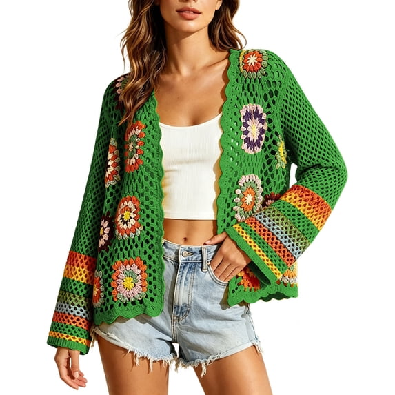 vdgthytj Cardigan Sweaters for Women Open Front Long Sleeve Crochet Hollow out Boho Sweater Outerwear(XX-Large,Green)