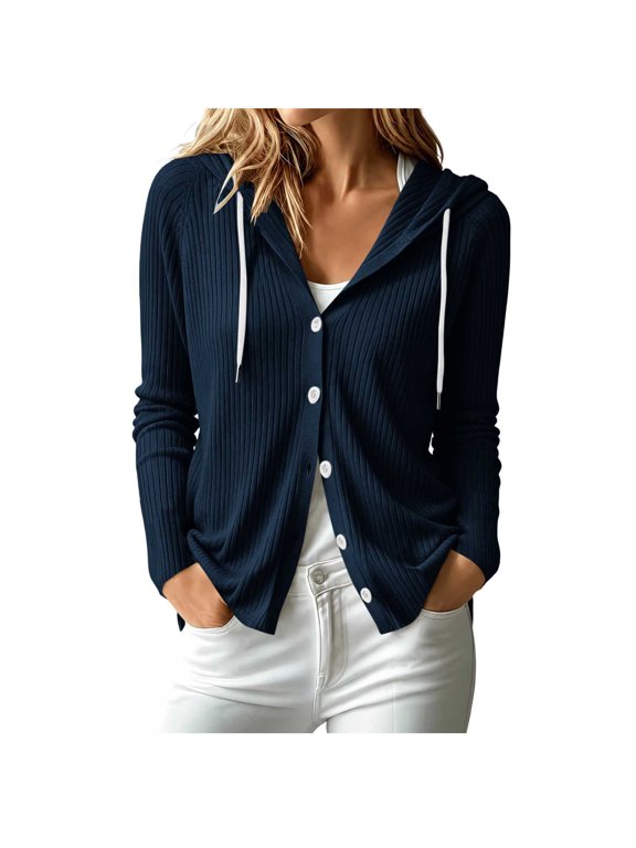 Cardigan for Women Button Front Long Sleeve DDrawstring Ribbed Solid Hoodies Fall Casual Outerwear(XX-Large,Dark Blue)