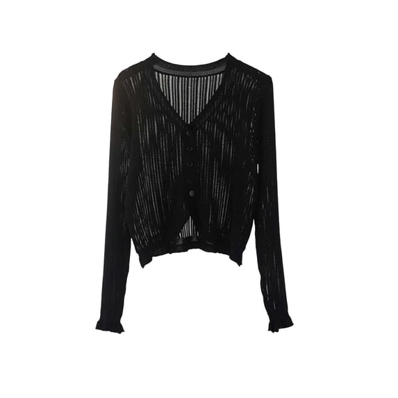 vdgthytj Cardigans for Women Long Sleeve V-Neck Button Front Ribbed Knit Sweater Fall Casual Crop Cover up Tops(Large,Black)
