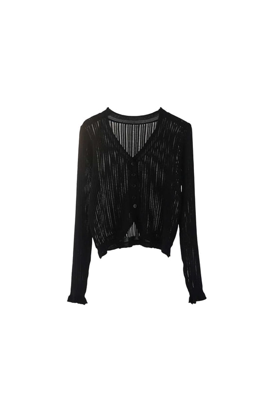 Cardigans for Women Long Sleeve V-Neck Button Front Ribbed Knit Sweater Fall Casual Crop Cover up Tops(Large,Black)
