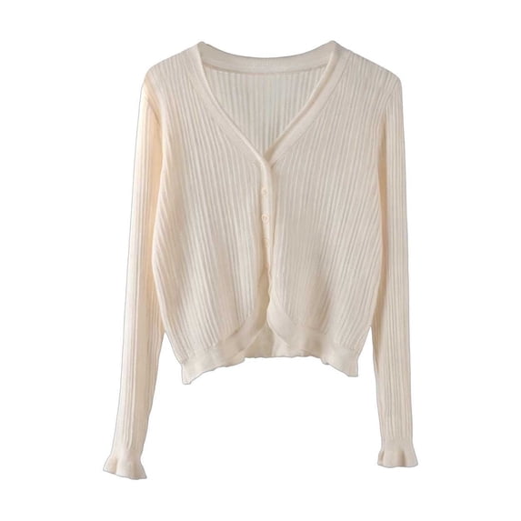 vdgthytj Cardigans for Women Long Sleeve V-Neck Button Front Ribbed Knit Sweater Fall Casual Crop Cover up Tops(Medium,Beige)