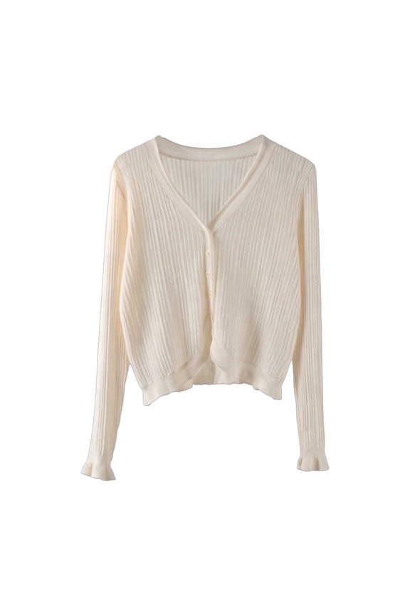 Cardigans for Women Long Sleeve V-Neck Button Front Ribbed Knit Sweater Fall Casual Crop Cover up Tops(Medium,Beige)