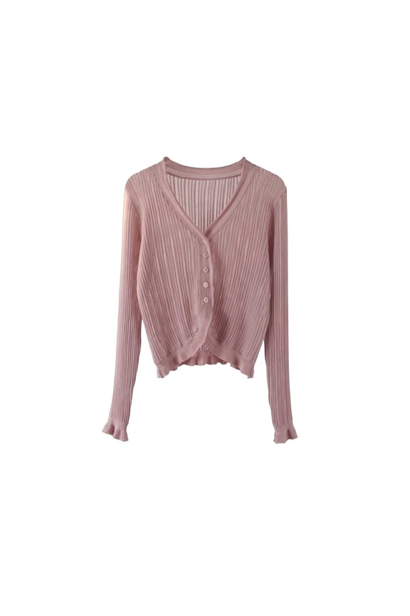 Cardigans for Women Long Sleeve V-Neck Button Front Ribbed Knit Sweater Fall Casual Crop Cover up Tops(Medium,Pink)