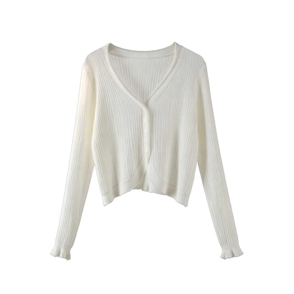 vdgthytj Cardigans for Women Long Sleeve V-Neck Button Front Ribbed Knit Sweater Fall Casual Crop Cover up Tops(Medium,White)
